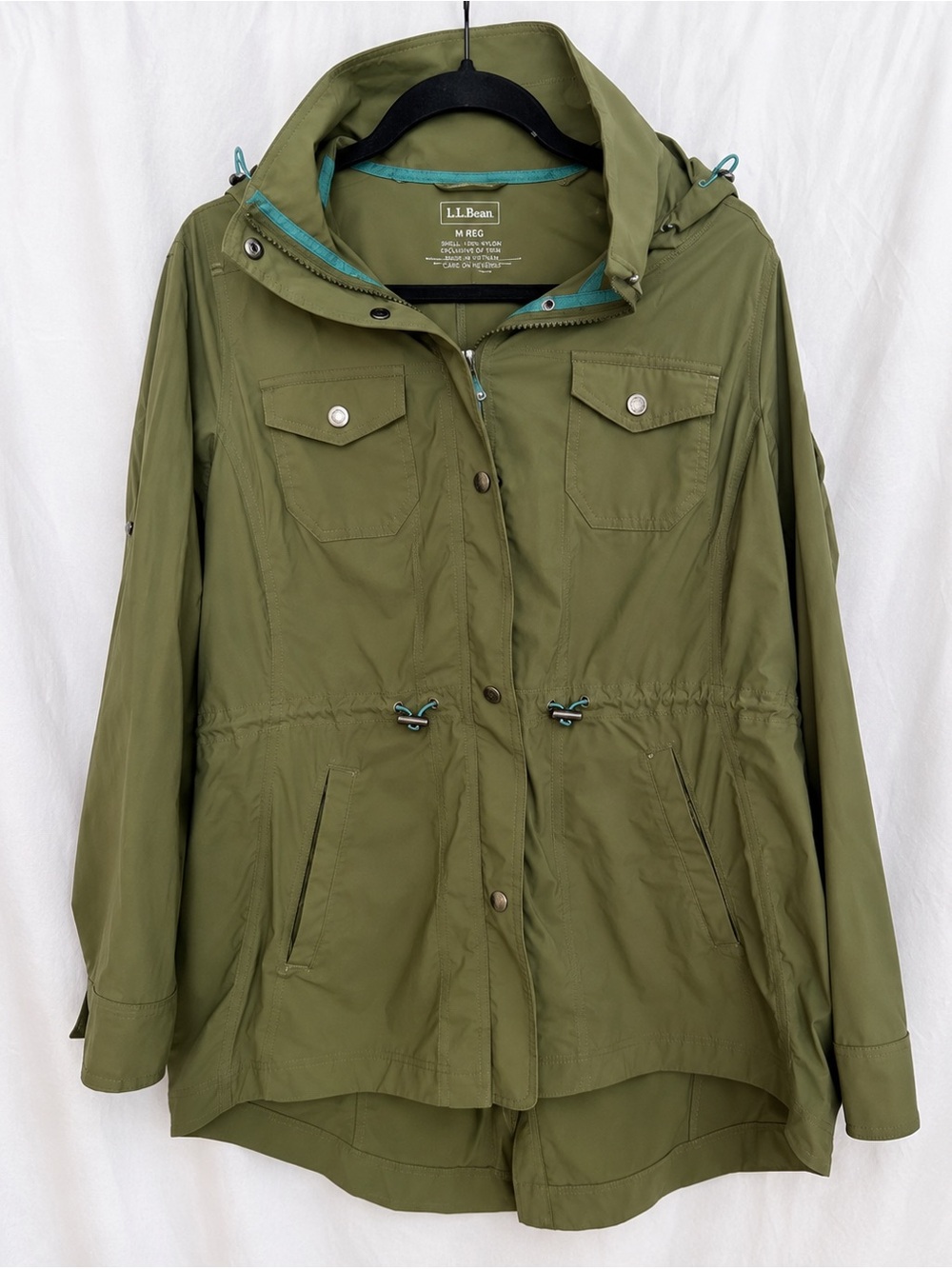 L.L. Bean Olive Green Hooded Utility Jacket with Teal Trim